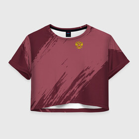 Женская футболка 3D укороченная с принтом RUSSIA SPORT в Ухте, 100% полиэстер | круглая горловина, длина футболки до линии талии, рукава с отворотами | 