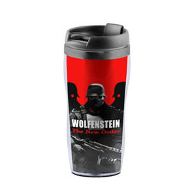 Термокружка-непроливайка с принтом Wolfenstein: The New Order в Ухте, внутренняя часть — пищевой пластик, наружная часть — прозрачный пластик, между ними — полиграфическая вставка с рисунком | объем — 350 мл, герметичная крышка | game | вильгельм череп штрассе | вольфенштайн: новый порядок | игра | игрок | молот евы | оружие | уильям бласковиц | шутер