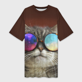 Платье-футболка 3D с принтом котейки в Ухте,  |  | cat | взгляд | космос | кот | котик | очки