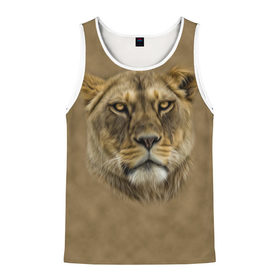Мужская майка 3D с принтом Львица в Ухте, 100% полиэстер | круглая горловина, приталенный силуэт, длина до линии бедра. Пройма и горловина окантованы тонкой бейкой | Тематика изображения на принте: голова | животные | кошка | лев | львица | природа | хищник