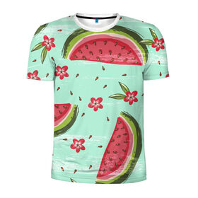 Мужская футболка 3D спортивная с принтом Вкус лета в Ухте, 100% полиэстер с улучшенными характеристиками | приталенный силуэт, круглая горловина, широкие плечи, сужается к линии бедра | абстракция | арбуз