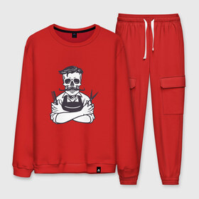 Мужской костюм хлопок с принтом Barber master в Ухте, 100% хлопок | на свитшоте круглая горловина, мягкая резинка по низу. Брюки заужены к низу, на них два вида карманов: два “обычных” по бокам и два объемных, с клапанами, расположенные ниже линии бедра. Брюки с мягкой трикотажной резинкой на поясе и по низу штанин. В поясе для дополнительного комфорта — широкие завязки | барбер | барбершоп | борода | стрижка | усы | цирюльник