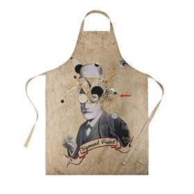 Фартук 3D с принтом Зигмунд Фрейд в Ухте, 100% полиэстер | общий размер — 65 х 85 см, ширина нагрудника — 26 см, горловина — 53 см, длина завязок — 54 см, общий обхват в поясе — 173 см. Принт на завязках и на горловине наносится с двух сторон, на основной части фартука — только с внешней стороны | Тематика изображения на принте: 