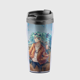 Термокружка-непроливайка с принтом Suna Miku в Ухте, внутренняя часть — пищевой пластик, наружная часть — прозрачный пластик, между ними — полиграфическая вставка с рисунком | объем — 350 мл, герметичная крышка | Тематика изображения на принте: anime | hatsune | miku | vocaloid | аниме | вокалоид | мику