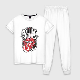 Женская пижама хлопок с принтом The Rolling Stones в Ухте, 100% хлопок | брюки и футболка прямого кроя, без карманов, на брюках мягкая резинка на поясе и по низу штанин | the rolling stones | бродяги | вольные странники | группа | катящиеся камни | кит ричардс | мик джаггер | рок | рок н ролл | ролинг | роллинг | рон вуд | стоун | стоунз | стоунс | чарли уоттс