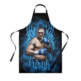 Фартук 3D с принтом Aleksandr Usyk в Ухте, 100% полиэстер | общий размер — 65 х 85 см, ширина нагрудника — 26 см, горловина — 53 см, длина завязок — 54 см, общий обхват в поясе — 173 см. Принт на завязках и на горловине наносится с двух сторон, на основной части фартука — только с внешней стороны | wbc | wbo | бокс | боксеры | усик