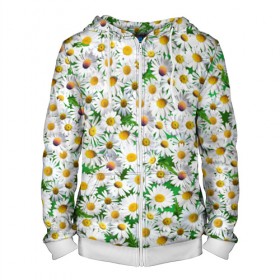 Мужская толстовка 3D на молнии с принтом Ромашки в Ухте, 100% полиэстер | длина до линии бедра, манжеты и пояс оформлены мягкой тканевой резинкой, двухслойный капюшон со шнурком для регулировки, спереди молния, по бокам два кармана | Тематика изображения на принте: chamomile | daisies | flowers | nature | природа | растения | ромашки | текстура | цветы