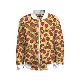 Детский бомбер 3D с принтом Pizza в Ухте, 100% полиэстер | застегивается на молнию, по бокам два кармана без застежек, мягкие манжеты, по низу бомбера и на воротнике — эластичная резинка | cheese | fast food | food | junk food | pizza | еда | пицца | сыр | фастфут