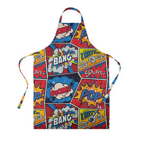 Фартук 3D с принтом Pop art pattern в Ухте, 100% полиэстер | общий размер — 65 х 85 см, ширина нагрудника — 26 см, горловина — 53 см, длина завязок — 54 см, общий обхват в поясе — 173 см. Принт на завязках и на горловине наносится с двух сторон, на основной части фартука — только с внешней стороны | 60 | america | art | bang | boom | bright | comics | craft | culture | pattern | pop | popart | usa | америка | бум | искусство | комикс | крафт | культура | паттерн | поп | сша | яркий