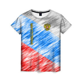Женская футболка 3D с принтом Российский флаг с гербом в Ухте, 100% полиэфир ( синтетическое хлопкоподобное полотно) | прямой крой, круглый вырез горловины, длина до линии бедер | 