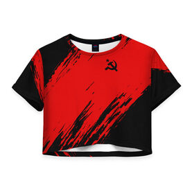 Женская футболка 3D укороченная с принтом USSR SPORT в Ухте, 100% полиэстер | круглая горловина, длина футболки до линии талии, рукава с отворотами | fc | football | sport | ussr | звезда | красный | ленин | родина | сделано в ссср | серп и молот | союз | спорт | ссср | сталин | страна | текстура | футбол | цвет | шум