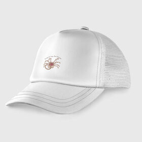 Детская кепка тракер с принтом Facehugger в Ухте, Козырек - 100% хлопок. Кепка - 100% полиэстер, Задняя часть - сетка | универсальный размер, пластиковая застёжка | Тематика изображения на принте: alien | facehugger | лицехват | хищник | чужой