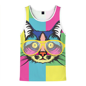 Мужская майка 3D с принтом Яркий Кот в Ухте, 100% полиэстер | круглая горловина, приталенный силуэт, длина до линии бедра. Пройма и горловина окантованы тонкой бейкой | кот в очках | очки | радуга