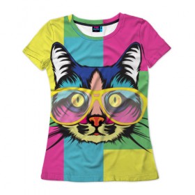 Женская футболка 3D с принтом Яркий Кот в Ухте, 100% полиэфир ( синтетическое хлопкоподобное полотно) | прямой крой, круглый вырез горловины, длина до линии бедер | кот в очках | очки | радуга