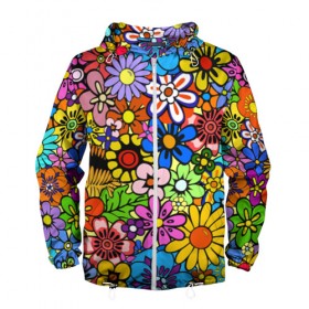 Мужская ветровка 3D с принтом Яркие Цветы в Ухте, 100% полиэстер | подол и капюшон оформлены резинкой с фиксаторами, два кармана без застежек по бокам, один потайной карман на груди | 