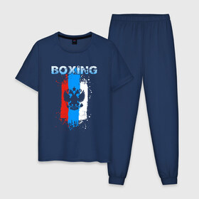 Мужская пижама хлопок с принтом BOXING в Ухте, 100% хлопок | брюки и футболка прямого кроя, без карманов, на брюках мягкая резинка на поясе и по низу штанин
 | box | boxing | pugilism | ring | sport | боец | бой | бокс | боксер | борьба | линии | надпись | полосы | ринг | россии | россия | рф | сборная | символ | состязание | спорт | спортсмен | флаг