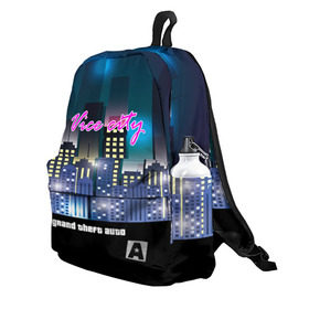 Рюкзак 3D с принтом GTA-Vice City в Ухте, 100% полиэстер | лямки с регулируемой длиной, сверху петелька, чтобы рюкзак можно было повесить на вешалку. Основное отделение закрывается на молнию, как и внешний карман. Внутри два дополнительных кармана, один из которых закрывается на молнию. По бокам два дополнительных кармашка | 
