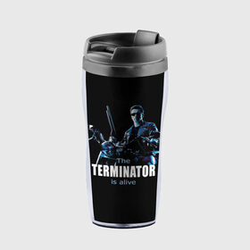 Термокружка-непроливайка с принтом Terminator alive в Ухте, внутренняя часть — пищевой пластик, наружная часть — прозрачный пластик, между ними — полиграфическая вставка с рисунком | объем — 350 мл, герметичная крышка | Тематика изображения на принте: arnold schwarzenegger | арнольд шварценеггер | киборг | кино | терминатор