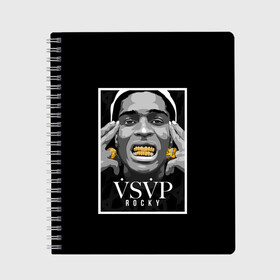 Тетрадь с принтом ASAP Rocky в Ухте, 100% бумага | 48 листов, плотность листов — 60 г/м2, плотность картонной обложки — 250 г/м2. Листы скреплены сбоку удобной пружинной спиралью. Уголки страниц и обложки скругленные. Цвет линий — светло-серый
 | aap | asap | asaprocky | explicit | mayers | rakim | rakimmayers | rocky | testing | worldwide | асап | майерс | откровенный | раким | ракиммайерс | роки | рокки | эйсап | эйсэп