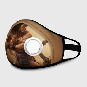 Маска из неопрена с принтом Conan Exiles, Conan, Хайбория, Аканна, Конан в Ухте, неопрен 100% | Форма огибающая нос. Резинки для ушей с дополнительной резинкой на затылке. Клапан для выдоха для активного дыхания при занятиях спортом. Эластичный материал маски и окантовки для лучшего растяжения и прилегания маски.  | 