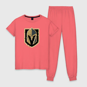 Женская пижама хлопок с принтом Vegas Golden Knights в Ухте, 100% хлопок | брюки и футболка прямого кроя, без карманов, на брюках мягкая резинка на поясе и по низу штанин | nhl | stanley cup | vegas golden knights | vegas knights | вегас голден найтс | вегас найтс | кубок стенли | кубок стэнли | нхл | хоккей | хоккейный клуб