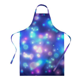 Фартук 3D с принтом Цветные огоньки в Ухте, 100% полиэстер | общий размер — 65 х 85 см, ширина нагрудника — 26 см, горловина — 53 см, длина завязок — 54 см, общий обхват в поясе — 173 см. Принт на завязках и на горловине наносится с двух сторон, на основной части фартука — только с внешней стороны | абстракт | боке | вспышки | космос | огни | огоньки