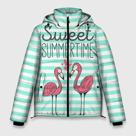 Мужская зимняя куртка 3D с принтом Sweet Summer Time в Ухте, верх — 100% полиэстер; подкладка — 100% полиэстер; утеплитель — 100% полиэстер | длина ниже бедра, свободный силуэт Оверсайз. Есть воротник-стойка, отстегивающийся капюшон и ветрозащитная планка. 

Боковые карманы с листочкой на кнопках и внутренний карман на молнии. | Тематика изображения на принте: animal | art | flamingo | love | pink | summer | sweet | time | арт | белый | бирюзовый | жара | животное | лето | любовь | матроска | полоски | рисунок | розовый | роман | сердечки | сердце | серый | фламинго | черный