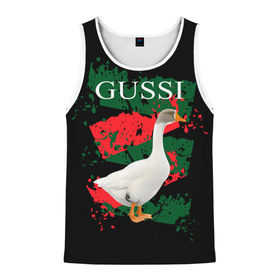 Мужская майка 3D с принтом Gussi в Ухте, 100% полиэстер | круглая горловина, приталенный силуэт, длина до линии бедра. Пройма и горловина окантованы тонкой бейкой | gucci | gussi ga ga ga | gussi gang | бренд | гусь | птица