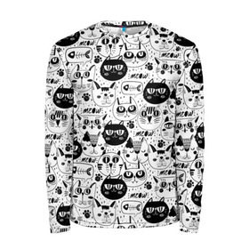 Мужской лонгслив 3D с принтом Рисованные кошки в Ухте, 100% полиэстер | длинные рукава, круглый вырез горловины, полуприлегающий силуэт | Тематика изображения на принте: кошка | лапка | мяу | рыбка