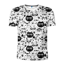 Мужская футболка 3D спортивная с принтом Рисованные кошки в Ухте, 100% полиэстер с улучшенными характеристиками | приталенный силуэт, круглая горловина, широкие плечи, сужается к линии бедра | Тематика изображения на принте: кошка | лапка | мяу | рыбка