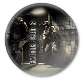 Значок с принтом BATTLEFIELD 3 в Ухте,  металл | круглая форма, металлическая застежка в виде булавки | battlefield | война | игры | оружия | поле битвы | солдат | спецназ | стратегия | тактика | танки | шутер