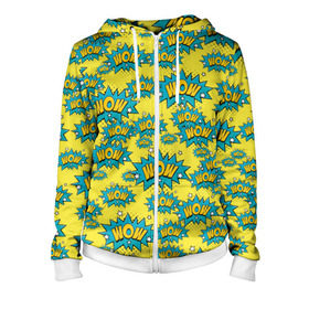 Женская толстовка 3D на молнии с принтом WOW Pop art в Ухте, 100% полиэстер | длина до линии бедра, манжеты и пояс оформлены мягкой тканевой резинкой, двухслойный капюшон со шнурком для регулировки, спереди молния, по бокам два кармана | pop art | style | безумство | комикс | лейблы | микс | поп арт | яркие | яркое | яркости