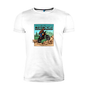 Мужская футболка премиум с принтом Мотоциклист в Ухте, 92% хлопок, 8% лайкра | приталенный силуэт, круглый вырез ворота, длина до линии бедра, короткий рукав | race | racing | rally | ride | байк | горные | мотоспорт | мотоцикл | мотоциклы | райд | с мотоциклом | спорт