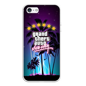 Чехол для iPhone 5/5S матовый с принтом GTA Vice City в Ухте, Силикон | Область печати: задняя сторона чехла, без боковых панелей | 5 звезд | auto | grand | gta | theft | vice city |   лето | вай сити | вертолеты | гта | звезды | логотип | надпись | пальмы | пляжная | рисунок | розыск | рубашка | томми версетти