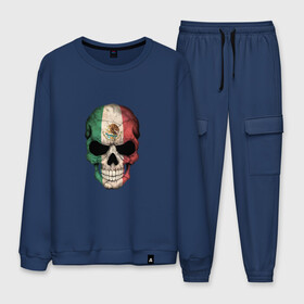 Мужской костюм хлопок с принтом Череп - Мексика в Ухте, 100% хлопок | на свитшоте круглая горловина, мягкая резинка по низу. Брюки заужены к низу, на них два вида карманов: два “обычных” по бокам и два объемных, с клапанами, расположенные ниже линии бедра. Брюки с мягкой трикотажной резинкой на поясе и по низу штанин. В поясе для дополнительного комфорта — широкие завязки | eagle | football | mexico | sport | гол | игрок | мексика | мяч | орел | сборная | скелет | спорт | тренер | футбол | чемпион | чемпионат | череп