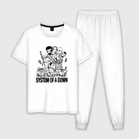 Мужская пижама хлопок с принтом System of a Down в Ухте, 100% хлопок | брюки и футболка прямого кроя, без карманов, на брюках мягкая резинка на поясе и по низу штанин
 | soad | soil | system of a down | группа | дав | дарон малакян | джон долмаян | метал | ню | оф | рок | серж танкян | систем | соад | сод | соэд | шаво одаджян | э доун