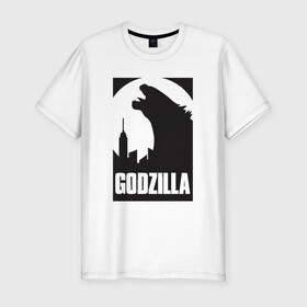 Мужская футболка хлопок Slim с принтом GODZILLA POSTER в Ухте, 92% хлопок, 8% лайкра | приталенный силуэт, круглый вырез ворота, длина до линии бедра, короткий рукав | comic con | godzilla | gojira | logo | годзилла | знаки | иероглифы | лого | монстр | фильм | чудовище