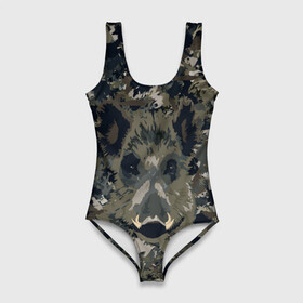 Купальник-боди 3D Камуфляж с кабаном: в Ухте, 82% полиэстер, 18% эластан | Круглая горловина, круглый вырез на спине | кабан | милитари | свин | хряк