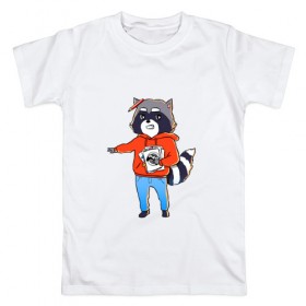 Мужская футболка хлопок с принтом Енот-писатель в Ухте, 100% хлопок | прямой крой, круглый вырез горловины, длина до линии бедер, слегка спущенное плечо. | 