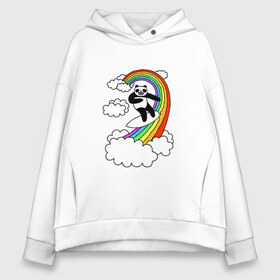 Женское худи Oversize хлопок с принтом ПАНДА НА РАДУГЕ в Ухте, френч-терри — 70% хлопок, 30% полиэстер. Мягкий теплый начес внутри —100% хлопок | боковые карманы, эластичные манжеты и нижняя кромка, капюшон на магнитной кнопке | cloud | mem | panda | rainbow | serfing | мем | облака | панда | радуга | серфинг | юмор