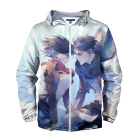 Мужская ветровка 3D с принтом Левай и Микаса в Ухте, 100% полиэстер | подол и капюшон оформлены резинкой с фиксаторами, два кармана без застежек по бокам, один потайной карман на груди | anime | attack on titan | леви