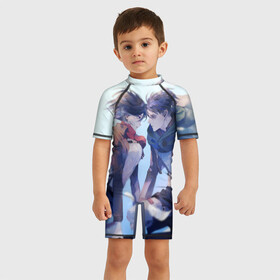 Детский купальный костюм 3D с принтом Левай и Микаса в Ухте, Полиэстер 85%, Спандекс 15% | застежка на молнии на спине | anime | attack on titan | леви