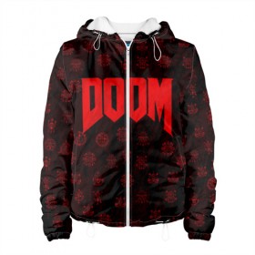 Женская куртка 3D с принтом DOOM в Ухте, ткань верха — 100% полиэстер, подклад — флис | прямой крой, подол и капюшон оформлены резинкой с фиксаторами, два кармана без застежек по бокам, один большой потайной карман на груди. Карман на груди застегивается на липучку | devil | doom | hell | mark of the doom slayer | slayer | ад | гарнил | дум | знаки | иероглифы | компьютерные игры 2019 | преисподняя | символ | солдат