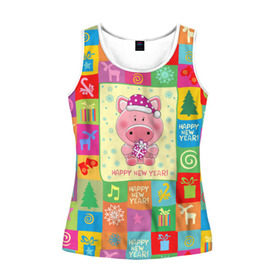 Женская майка 3D с принтом Новогодний поросенок в Ухте, 100% полиэстер | круглая горловина, прямой силуэт, длина до линии бедра | 