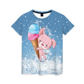 Женская футболка 3D с принтом Зимний поросёнок в Ухте, 100% полиэфир ( синтетическое хлопкоподобное полотно) | прямой крой, круглый вырез горловины, длина до линии бедер | 