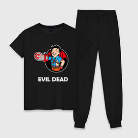 Женская пижама хлопок с принтом EVIL DEAD в Ухте, 100% хлопок | брюки и футболка прямого кроя, без карманов, на брюках мягкая резинка на поясе и по низу штанин | fallout | groovy | halloween | the evil dead | vault boy | брюс кэмпбелл | зловещие мертвецы | ужастик | хеллоуин | черная книга | эш | эш против зловещих мертвецов | эш уильямс