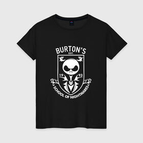 Женская футболка хлопок с принтом Burton`s School Of Nightmares в Ухте, 100% хлопок | прямой крой, круглый вырез горловины, длина до линии бедер, слегка спущенное плечо | бёртон | герб | депп | джони деп | кино | логотип | режиссер | тим бертон | фильм | школа