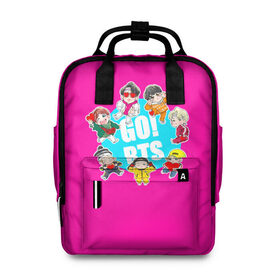Женский рюкзак 3D с принтом GO! BTS в Ухте, 100% полиэстер | лямки с регулируемой длиной, сверху ручки, чтобы рюкзак нести как сумку. Основное отделение закрывается на молнию, как и внешний карман. Внутри два дополнительных кармана, один из которых закрывается на молнию. По бокам два дополнительных кармашка, куда поместится маленькая бутылочка
 | army | bangtan | beyond | boys | bts | j hope | jimin | jin | jungkook | k pop | rm | scene | suga | the | v | армия | арэма | бтс | ви | джей хоупа | сюги | чимина | чина | чонгука