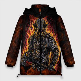 Женская зимняя куртка 3D с принтом Пожарный в Ухте, верх — 100% полиэстер; подкладка — 100% полиэстер; утеплитель — 100% полиэстер | длина ниже бедра, силуэт Оверсайз. Есть воротник-стойка, отстегивающийся капюшон и ветрозащитная планка. 

Боковые карманы с листочкой на кнопках и внутренний карман на молнии | 112 | каска | мужик | мчс | огонь | пламя | пожар | пожарник | спасатель | топор | тушить | шлем | щит