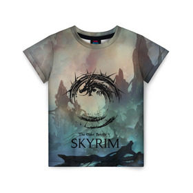 Детская футболка 3D с принтом The Elder Scrolls SKYRIM в Ухте, 100% гипоаллергенный полиэфир | прямой крой, круглый вырез горловины, длина до линии бедер, чуть спущенное плечо, ткань немного тянется | art game | art skyrim | forest | game | skyrim | the elder scrolls v skyrim | горы | довакин | древние свитки | игра | лес | небо | скайрим